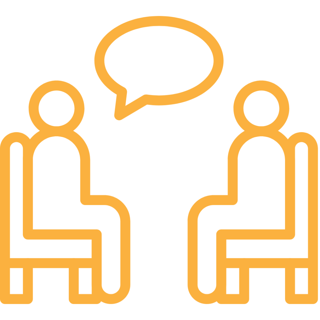 Cartoon people and a speech bubble in the middle